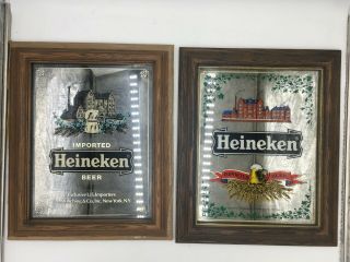 (rare) Two Vintage Heineken Imported Beer Wooden Frame Mirror Signs Usa