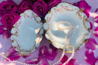 2 Rare Antique Haviland Limoges Patent Applied For Gold & Pink Schleiger Bowls