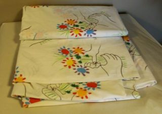 Vintage Pablo Picasso Double Bed Sheet Set Bouquet Of Peace 82 " X 98 " Flat