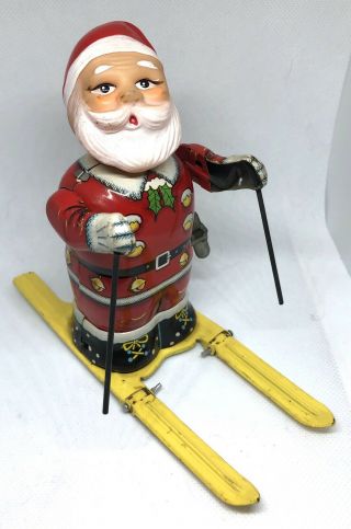 Vtg Japan Bandai Toy Tin Wind Up Santa On Skis Skiing Celluloid Head Rare