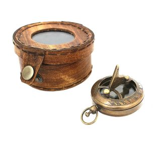 Vintage Brass Sundial Compass Push Button Pocket Maritime Navigation Device Gift