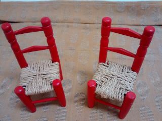 Vintage Pair Doll House Furniture Red Ladder Back Chair 7.  5 " (2)