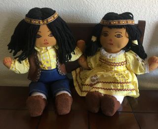 2 Native American Unique Vintage Handmade Folk Art Black Rag Doll,  18 "