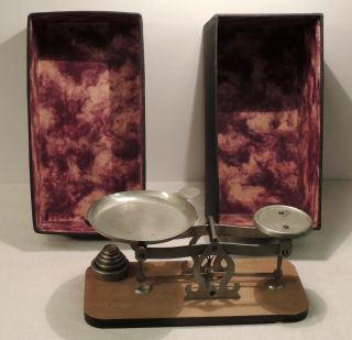 Small Vintage Scale With Weights,  Not Magnetic,  Probably Nickel Plated Brass