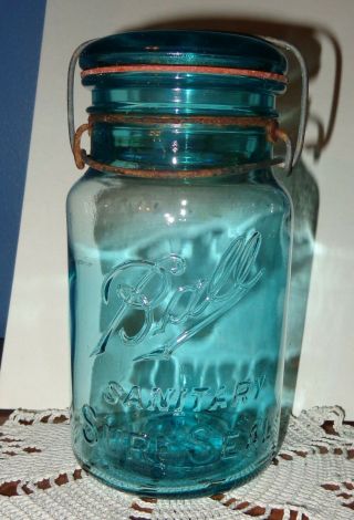 Antique Vtg Old Blue Glass Wide Mouth Ball Sanitary Sure Seal Canning Jar 7 Lid