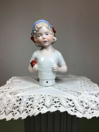 Porcelain Half Doll - Blonde Girl In Blue Cap - Germany