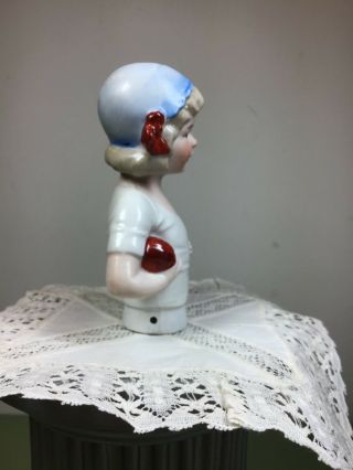 Porcelain Half Doll - Blonde Girl in Blue Cap - Germany 3