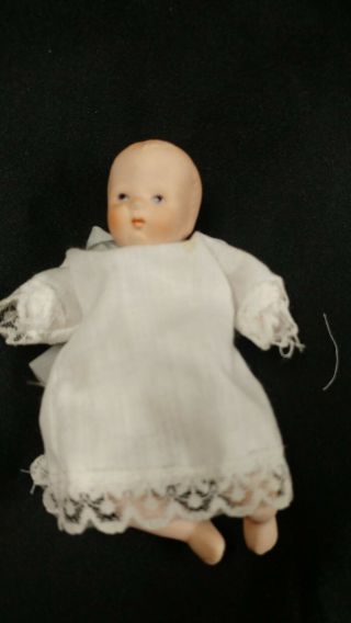Miniature Bisque Baby Doll Vintage Russ Berrie 4 - 1/2 " In Gown Painted Eyes