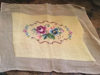 Antique Vintage Wool Needlepoint Pillow Stool Seat Cover Butter Yellow W Flowers