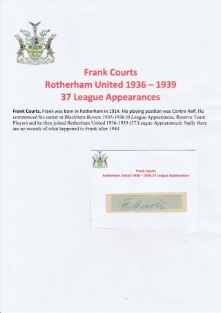 Frank Courts Rotherham United 1936 - 1939 Very Rare Hand Signed Cutting