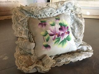 Antique Vintage Pin Cushion Pillow With Lace & Hand Painted Purple Flowers