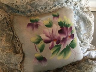 Antique Vintage Pin Cushion Pillow with Lace & Hand Painted Purple Flowers 2