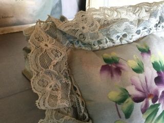 Antique Vintage Pin Cushion Pillow with Lace & Hand Painted Purple Flowers 3