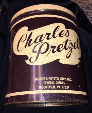 Rare Vintage Charles Chips 2 Lb Pretzel Tin Can Musser’s Potato Mountville Pa