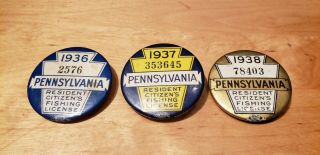 Vintage Pennsylvania Resident Citizen Fishing License Badges Buttons 1936 37 38