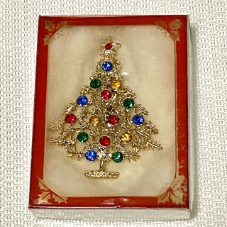 Vintage Weiss Matte Gold & Bright Color Gems Christmas Tree Pin Brooch Unsigned