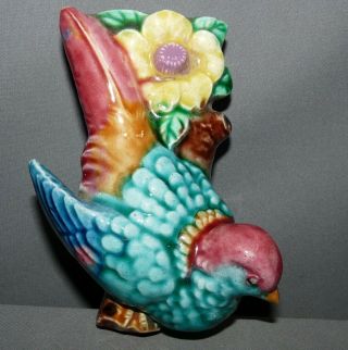Antique Wall Pocket Blue Bird With Flowers Hand Painted Japan 5 Inches Tall