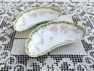 Antique Haviland Limoges Crescent Bone Dishes (2) Side Plates Pink Floral France