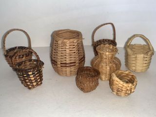 Vintage Dollhouse Miniature Small Hand Woven Wicker Baskets,  Set Of 8,  Artisan