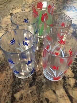Swanky Swig Vintage Juice Glass Red Blue Tulip 3 1/2 Inch Drinking 5 Glasses