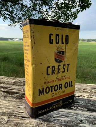 Vintage Gold Crest 5 Quart Gallon Oil Can Gas Rare Tin Sears