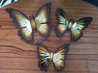 Rare Vintage Mid - Century Set Of 3 Butterfly Brass Wall Hangings