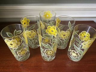 6 Culver Ltd Drinking Glasses Yellow Daisy Flower Pattern Rare Vintage 5 3/4 