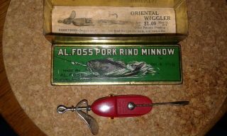 Vintage Al Foss Pork Rind Minnow Oriental Wiggler Lure Red & White & Box