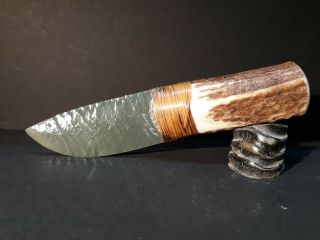 By Kenny Hull Elk Antler Handle Rare Green Obsidian Blade Knife Skinner Hunting
