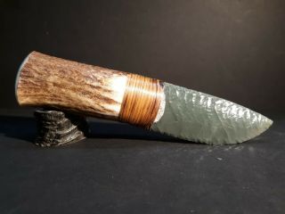 By Kenny Hull Elk Antler Handle RARE GREEN Obsidian Blade Knife Skinner Hunting 2