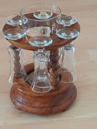 Unique Vintage Walnut Olive Wood Sherry Glass Drinks Music Box Holder Stand Rare
