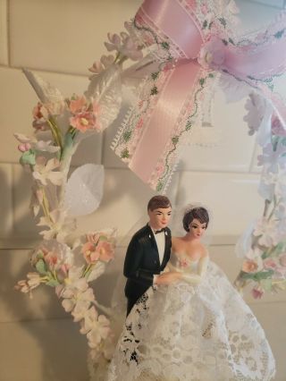 Vtg Shabby Pink Bride & Groom Wedding Cake Topper Bell Pink Flowers Hong Kong