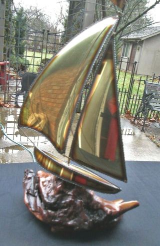 Mcm Brass Sailboat Brutalist Metal Art Sculpture Burl Wood Base 16 " Vintage Boat