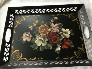 Antique Tole’ Black Metal Serving Tray W/ Hand Painted Floral Design Pierced Rim