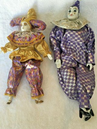 Set Of 2 Vintage Style Porcelain Clown & Jester Harlequin Doll Figure 12” & 18 "
