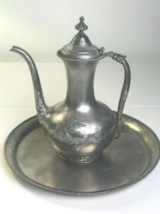 Antique Engraved Van Bergh Silverplate Co.  Coffee Pot & Tray Rochester Ny 2502