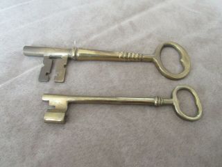 Two Antique Vintage Medium Heavy Solid Brass Skeleton Jailers Key