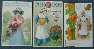 3 Antique Thanksgiving Postcards Of Women With Pumpkins & Turkeys