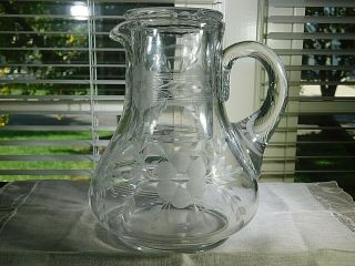 Crystal Clear Tumble Up Etched Floral Pattern Pitcher Glass Attached Handle