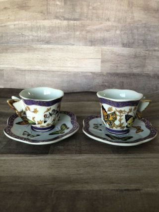 Formalities Baum Bros Gold Gilded Butterfly Tea Cups & Saucer Set Of 2