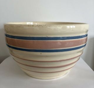 Antique Vintage Stoneware Yellow Ware Beehive Mixing Bowl Pink Blue Stripes 9”