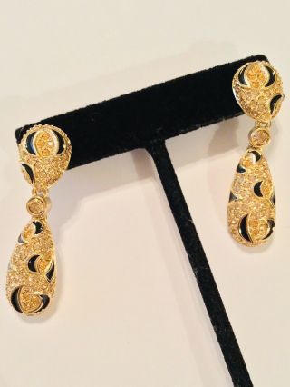 Christian Dior Black Moon Crystal Designer Signed Dangle Earrings Rare