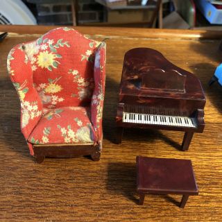 Vintage Plastic Dollhouse Furniture Unsigned Grand Piano With Bench,  And Chair
