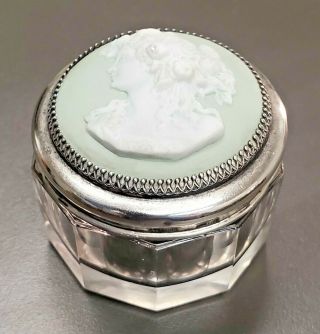 Rare Bisque Sterling Silver 925 Cut Glass Powder Jar Vanity Dresser Trinket Box