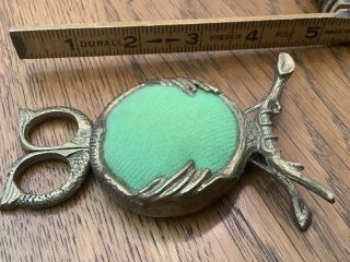 Brass Owl Antique Vintage Sewing Pin Cushion And Scissors Made In Usa