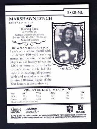 2007 BOWMAN STERLING MARSHAWN LYNCH BSRR - ML JERSEY CARD ROOKIE AUTHENTIC RARE 2