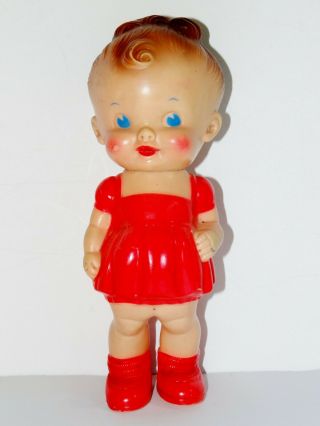 Vintage Ruth Newton Sun Rubber Girl Doll Red Dress Squeaker 8 1/2 "