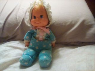 Vintage Mattel Baby Beans 1970 Beanbag Doll No String Blue Floral Outfit Blonde