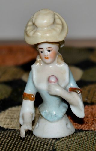 Antique Tiny Half Doll Lady In A Hat Holding A Flower Germany