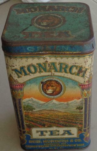 Antique Monarch Green Tea Tin - Hinged Lid - Great Graphics - Collectible Old